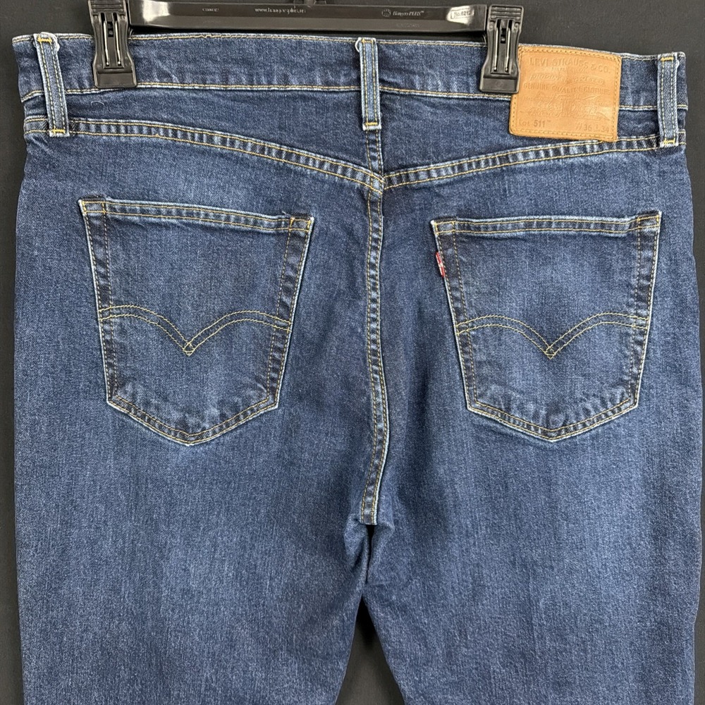 Levi Premium 511 SLIM FIT DARK WASH BLUE STRETCH Leather Patch Big E 36/34 - Picture 4 of 11